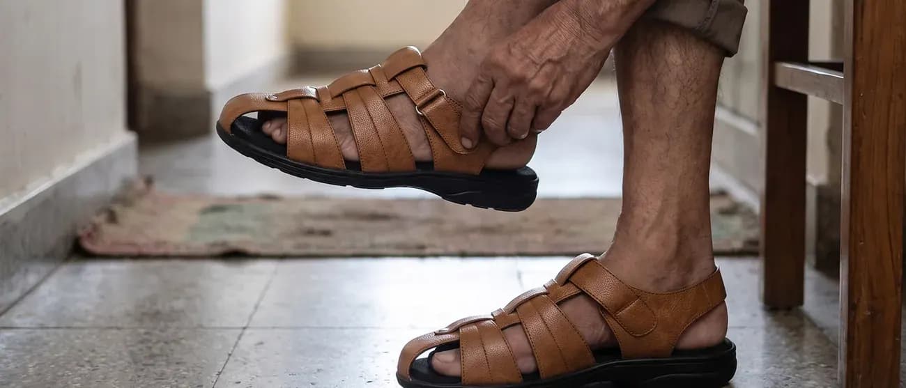 Fastening the strap of an AJM Walker closed orthopedic sandal