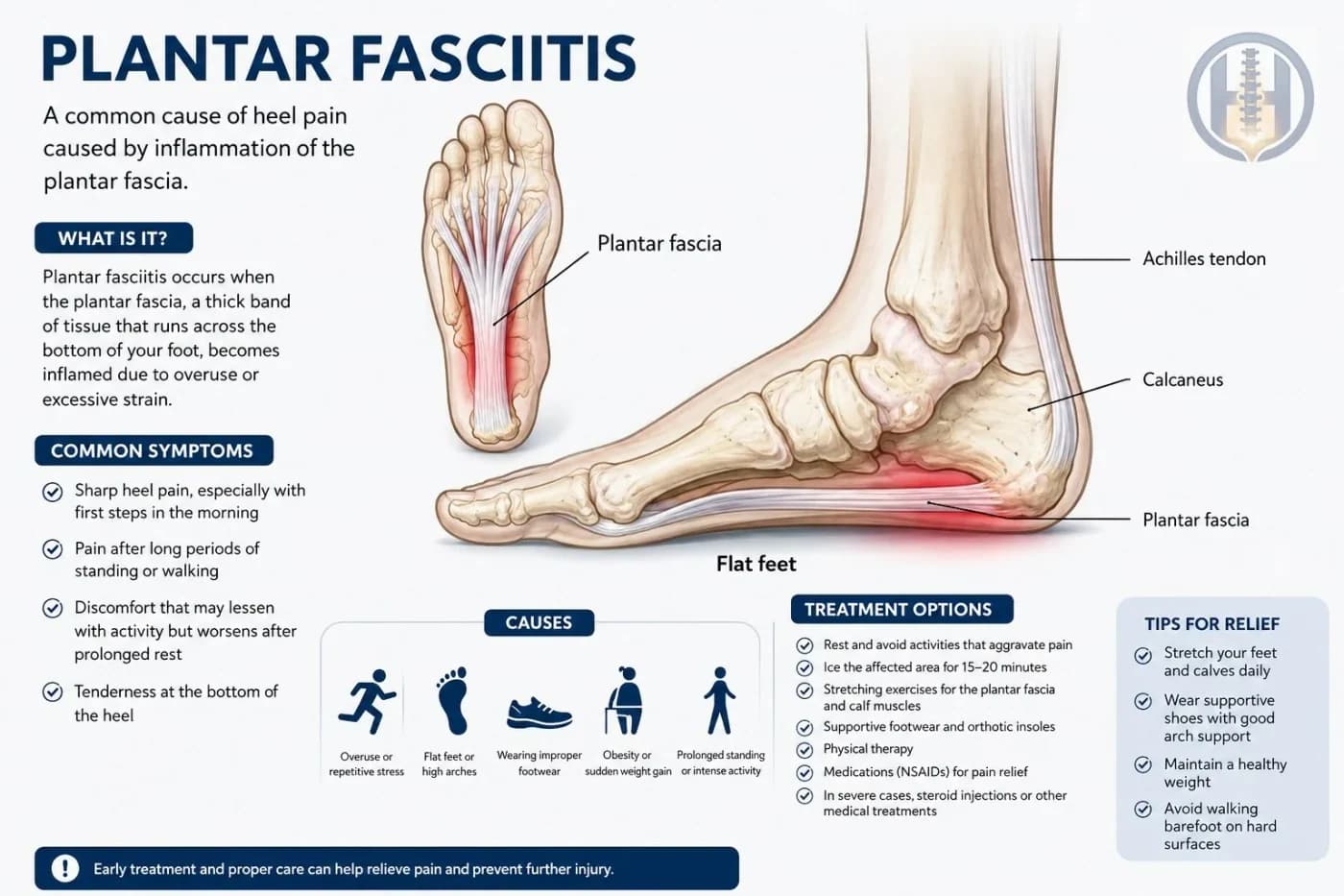 Infographic explaining plantar fasciitis, its causes, symptoms and treatment