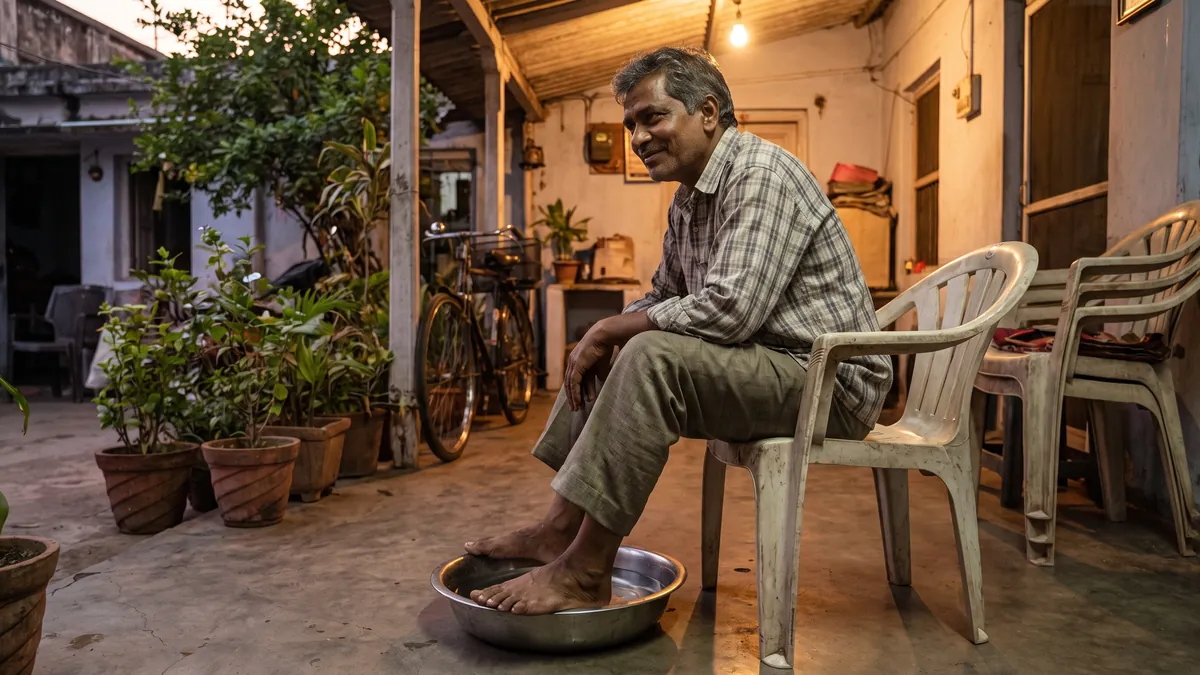 Man soaking his feet in a basin of cool water on a verandah in the evening
