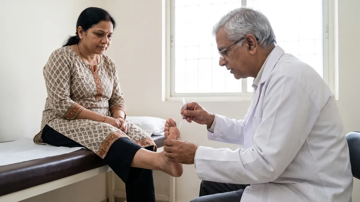 Doctor testing sensation on the sole of a patient's foot with a monofilament