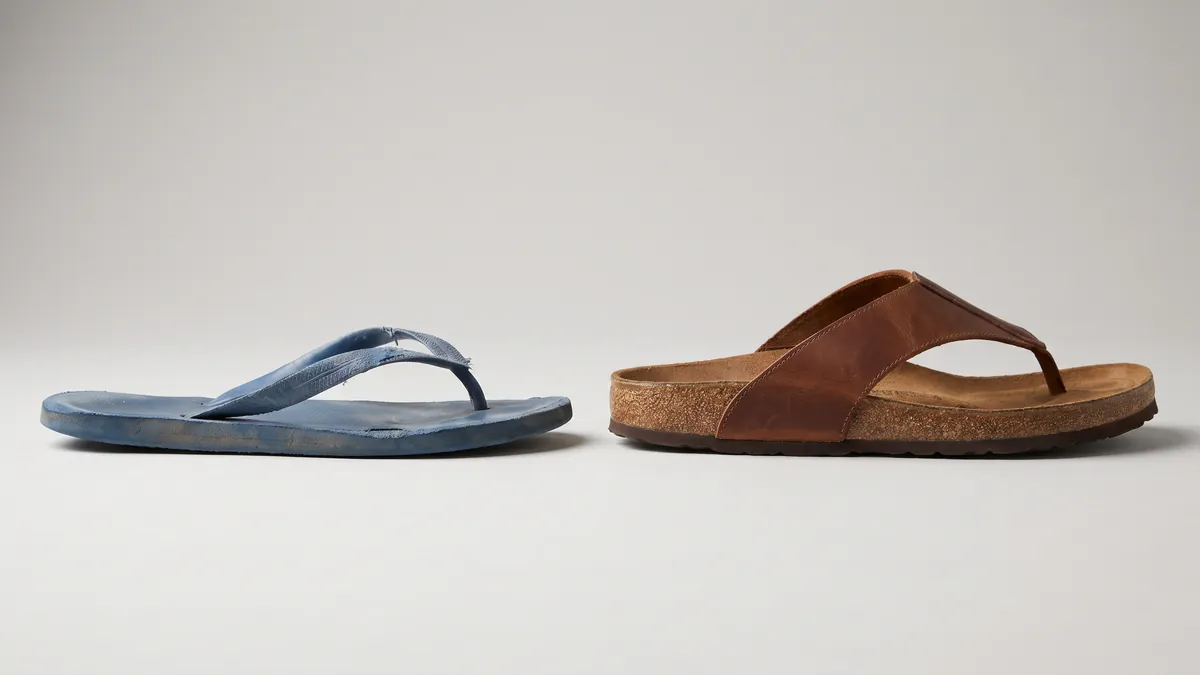 Thin flat rubber slipper next to a thick orthopedic slipper with a raised arch