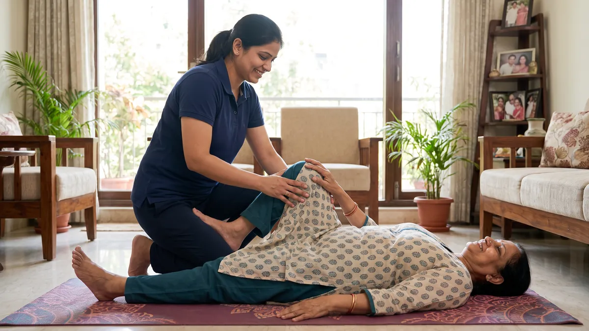 Physiotherapist guiding an older woman through a gentle back stretch at home