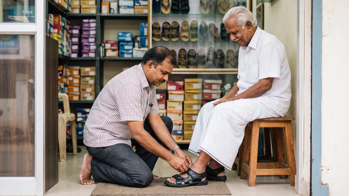 Shopkeeper helping an elderly man try on a velcro orthopedic sandal in a footwear shop