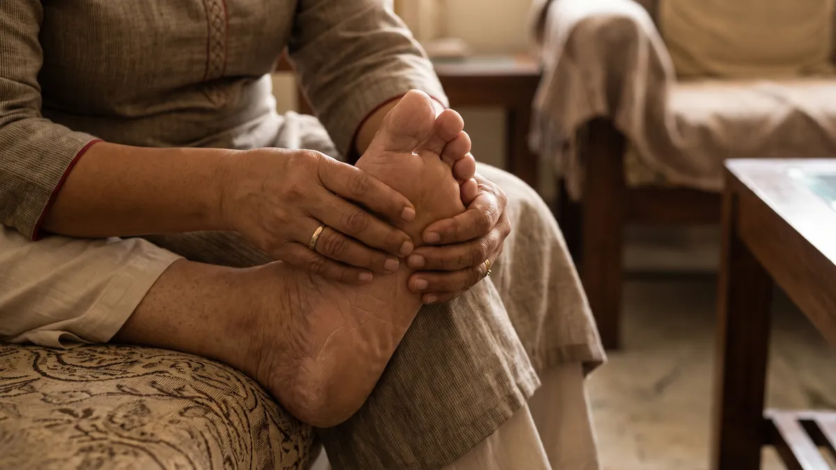 Hands gently massaging the ball of a bare foot to relieve forefoot pain