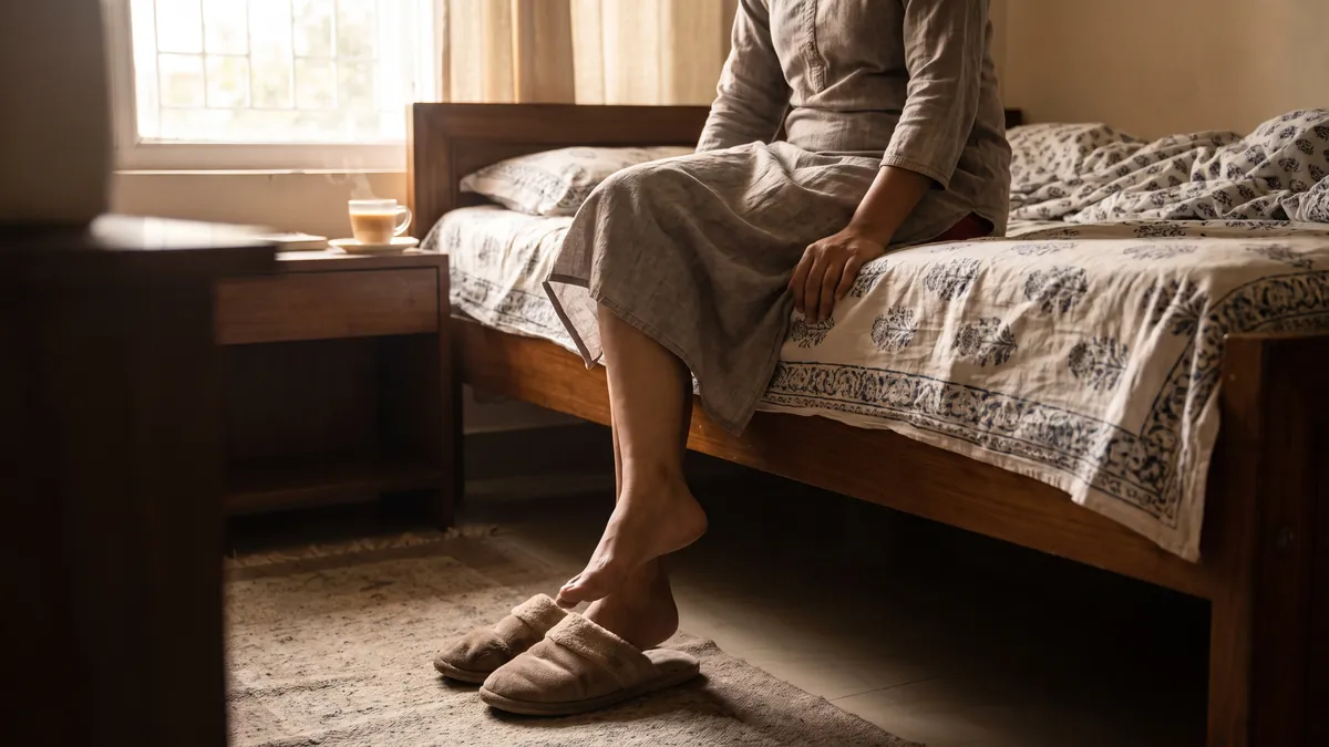 Woman slipping her feet into soft cushioned home slippers beside her bed in the morning