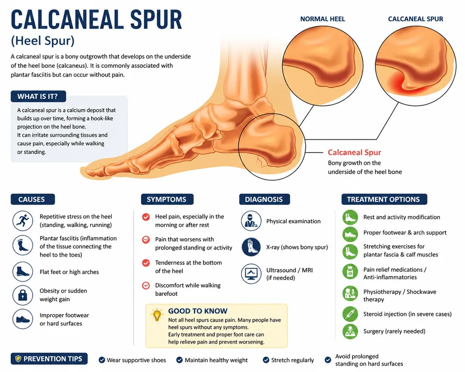 Anatomical illustration of a calcaneal spur, a bony growth where the plantar fascia meets the heel bone