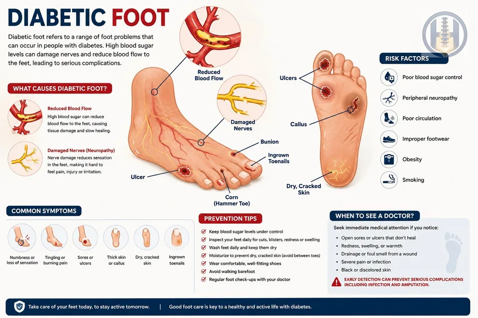 Infographic on diabetic foot care: signs, risks, daily checks and footwear