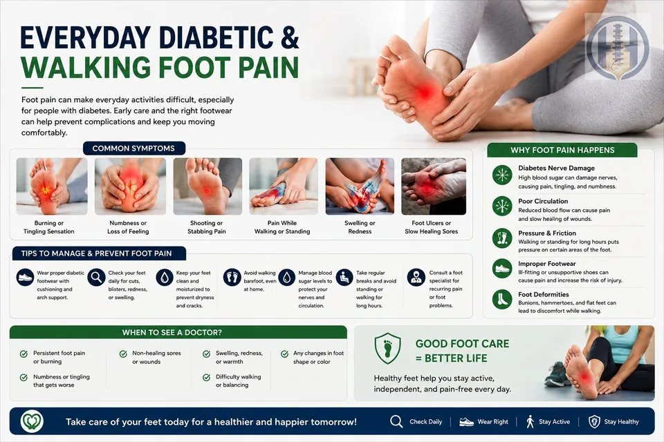 Infographic on everyday diabetic and walking footwear: all-day support, wide fit and durable soles