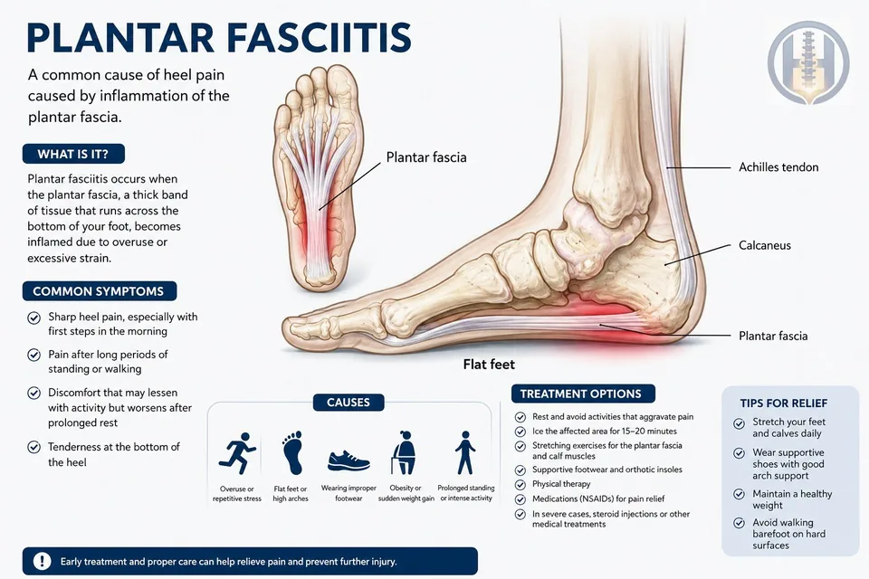Infographic explaining plantar fasciitis, its causes, symptoms and treatment