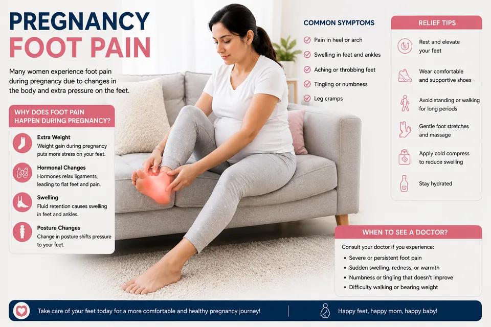 Infographic on pregnancy-friendly slippers: swelling, arch support and easy slip-on fit