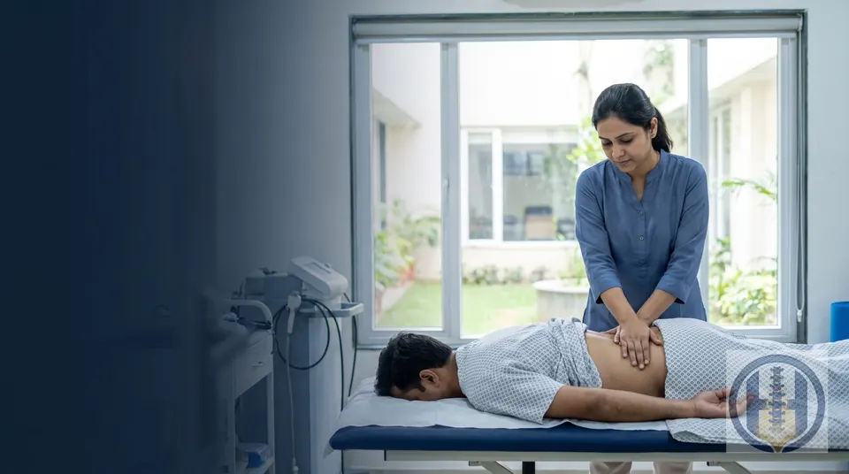 Physiotherapist treating a patient's back pain on a treatment table