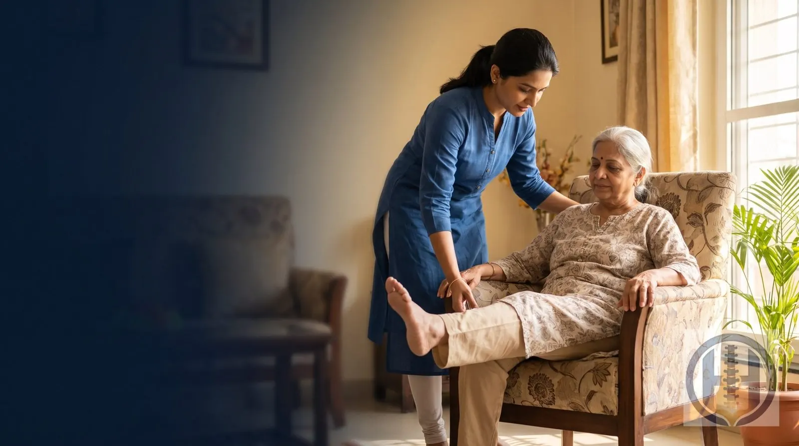 A physiotherapist providing a home physiotherapy session for an elderly patient