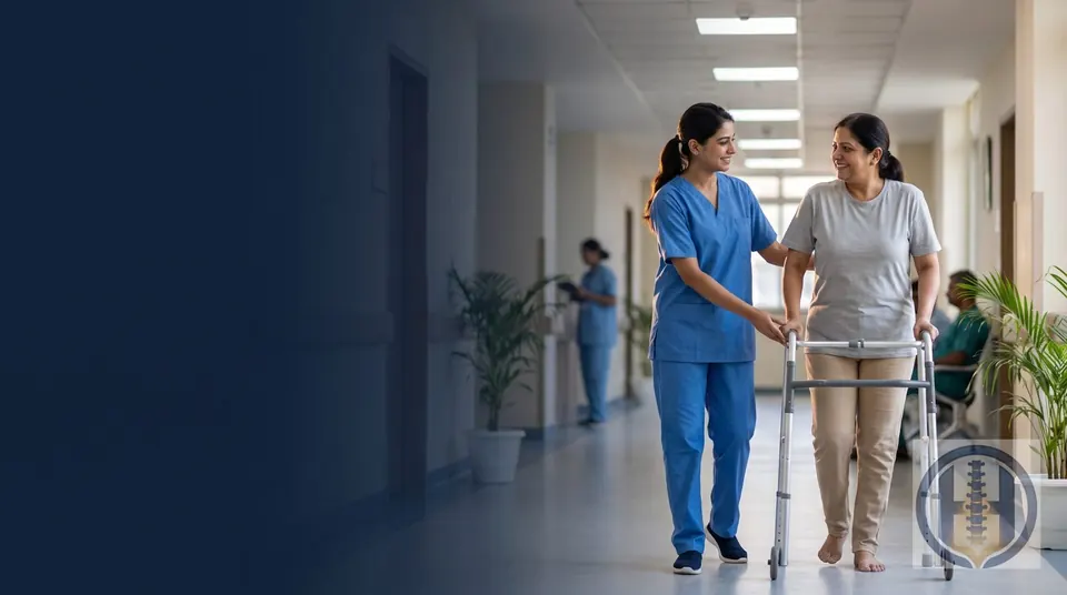 Physiotherapist supporting a patient walking with a mobility frame during post-surgery rehabilitation