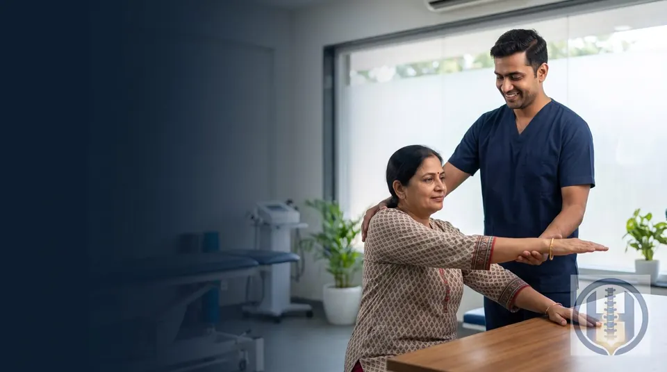 Physiotherapist guiding a patient through a shoulder mobility stretch